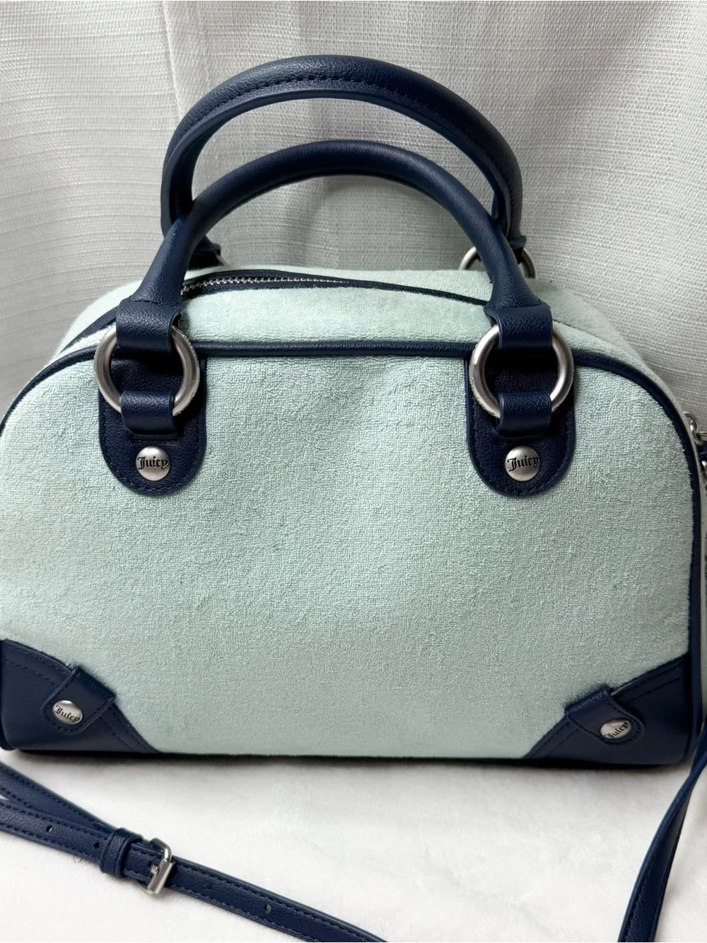 NWT Juicy Couture Terry Cloth Satchel Crossbody Purse Blue Rhinestone Crown